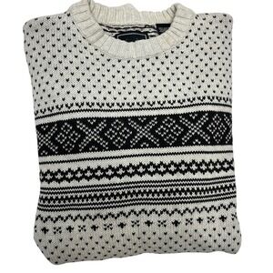 New Chaps Mens Sz Med Fair Isle Knit Sweater Cream Black‎ Crew Neck Long Sleeve